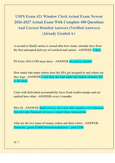 USPS Exam 421 Window Clerk Actual Exam Newest 2026 2027 Actual Exam With Complete 400 Questions And