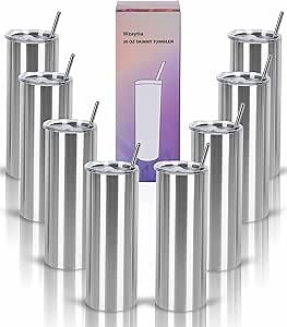 8 Pack 20 Oz Straight Skinny Tumblers, Individually Gift Boxed Stainless Steel Slim Skinny Tumbler Set Bulk, 20 Oz Insulated Slim Thin Travel Tumbler Cup for Diy, Silver