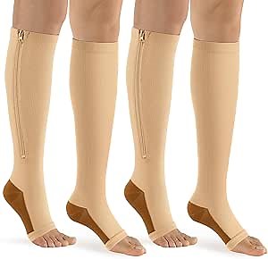 bropite Zipper Compression Socks Women & Men - 2Pairs Calf Knee High 15-20mmHg Open Toe Compression Stocking suit for Walking