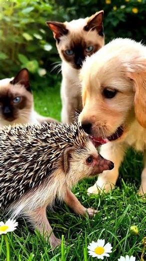 Can They Be Friends? Puppy and Cat Meet a Hedgehog