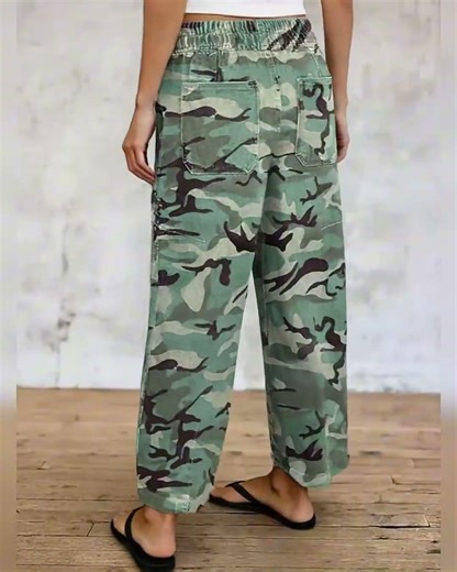 【Flamingals】Camo Drawstring High Waist Barrel Leg Pants#womenpants #fashion #ootd #pants