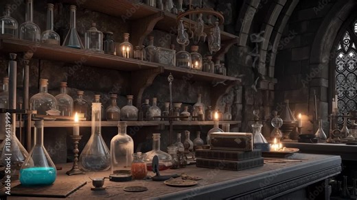 Old alchemy laboratory with glass flasks, candles, and ancient tools arranged on a wooden table inside a gothic stone room