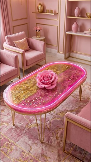 Satisfying epoxy resin pouring with pink and gold metallic colors, a glowing LED border, and a giant rose embedded in the center! Rate this table setup 1-10 👇 #epoxytable #woodworking #resin #diyprojects