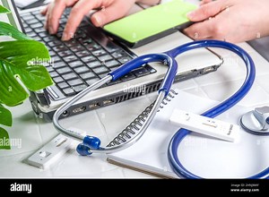 Doctor at work, diagnosis, electronic online treatment diagnostics. Female hands work on a laptop keyboard, close-up video. Typing text on a laptop, n Stock Photo - Alamy