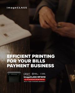 Be efficient with printing for your bills payment business with the #imageCLASS #MF3010! With its fast print speed of up to 18ppm and quick first print of 7.8 seconds through On-Demand Fixing Technology! With this printing partner, you can cater to long lines of clients every single day! 💡Learn more: https://ph.canon/en/consumer/imageclass-mf3010/product 🛒Get it online: https://s.lazada.com.ph/s.TTQi6 #TeamCanonPH | Canon Philippines