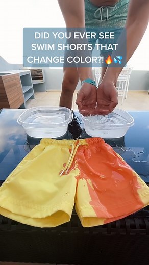 Color changing swim shorts at its finest!👌 Would you wear this orange-yellow one?🩳 #seasonsofficial #splash #fyp #colorchangingtrunks