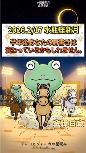 チャコとクォッカの星読み| 西洋占星術 タロット on Instagram: "🐸 { 2/17水瓶座の新月・金環日食🌙 ⁡ 2月17日の水瓶座新月は 金環日食を伴うものすごくパワフルな新月。 ⁡ 日食っていうのは普通の新月と違って 影響が半年くらい続くと言われています。 つまり、この新月をきっかけに 半年かけて人生が大きく動いていく可能性がある。 ⁡ リールでは 「好きなことに飛び込むことで未来が開く」 というメッセージをお伝えしたけど、 もう少し補足。 ⁡ 今回、金星がドラゴンヘッドに 重なっているということは 「好き」や「ときめき」が あなたの未来を切り開く鍵になるということ。 ⁡ でもねこの「好き」って、 誰かに認められるような 立派なものじゃなくて大丈夫。 ⁡ なんとなく気になる！ ちょっとやってみたい！ 理由はないけどワクワクする！ ⁡ そういう小さな「好き」でいい。 むしろ、そういう小さなものほど 本物だったりするものです。 ⁡ ⁡ さらに木星がMCに重なっているということは、 その「好き」が 社会的な居場所につながっていく配置。 ⁡ 今は趣味でも、遊びでも、なんでも
