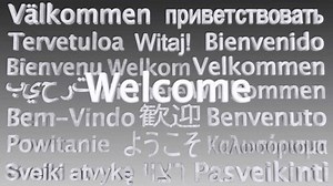 Hello and welcome graphic animation in multiple languages for an opening sequence for delegates in a conference or slide show