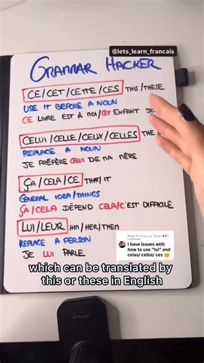 Learn French With Célestine🇫🇷 on Instagram: "How to use Ce/ Cela/ Celui/ Lui in french 🇫🇷 Follow for more👆🏻 Get 75% OFF on our French Book AND get 3 Gifts worth $200🚨 Comment “FR” I’ll share you the link 🤩🥳 or LINK IS IN THE BIO ***************************************** 🎓 About our French Course: •❗This is what you’re missing if you haven’t joined yet❗ 🎥 300+ Video lessons categorized by level (A1, A2, B1, B2) and topic (pronunciation, conjugation, grammar, vocabulary, expressions, id