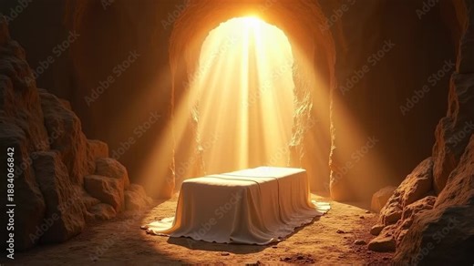 Empty tomb with stone rolled away, divine light rays bursting from entrance, white burial cloth folded inside, heavenly glow, resurrection morning