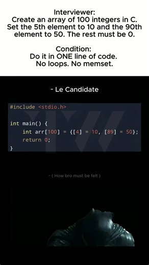 CodeAnatomy.io on Instagram: "✅ Code Explanation: Most students would create an array and then manually assign values using multiple lines of code. This uses Designated Initialization (introduced in C99). Precision: Specific array indices can be initialized directly using [index] = value. Zero-fill: All unspecified elements are automatically initialized to 0. Industry Use: Commonly used in Linux kernel drivers and embedded systems to initialize large arrays and structures efficiently. 👉 Follow 