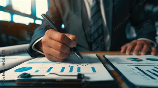 A businessman with a pen in hand and data analysis spreadsheets on the desk, signifying deep study and financial planning.