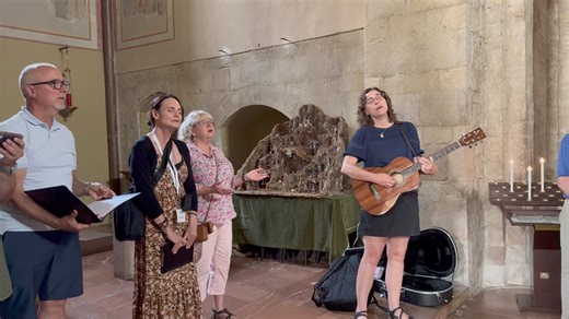 And this is why we make pilgrimage…on the way back from a beautiful, moving day seeing the sites in Assisi, including the home and hermitage of Saint Francis, a small group of us decided to walk over for a moment to see the church of San Pietro. Built in the 10th century on top of a Roman necropolis, it is now the church of St. Peter. We just felt so moved to sing in this beautiful space. Moments like this of prayer and peace are what making pilgrimage together is all about. This has been the be