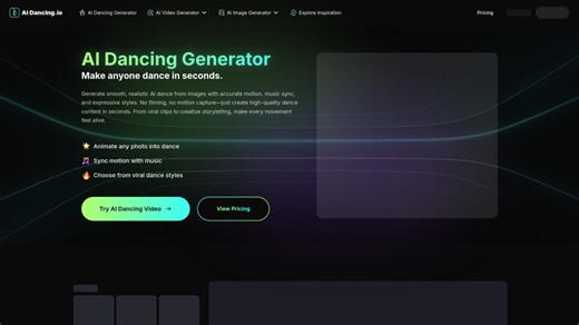 AI Dancing Generator: AI Dancing Generator that creates viral TikTok-style dance videos from any image. Powered by advanced motion models like Kling 3.0 and Wan 2.2, it turns photos into smooth, realistic dance clips while preserving character consistency. With an integrated AI image generator for a full text-to-image-to-video workflow, you can easily create trending, social-ready content in seconds without any editing skills.