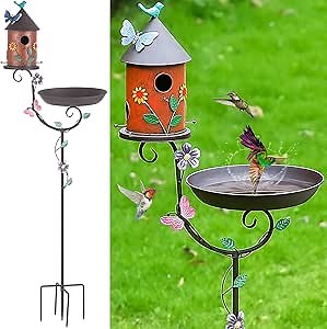 Bird Baths for Outdoors, 54" Tall Bird Baths and Bird Houses with Pole, Metal Bird Houses Stake, Free Standing Bird Feeder House, Decorative Bird Bath with 5-Prong Base for Outside Garden