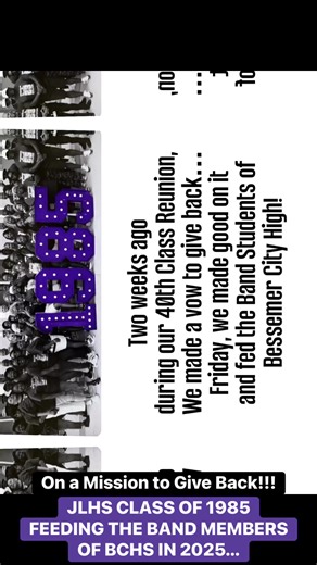 Two weeks ago during our 40th Class Reunion, the members of JLHS CLASS OF 1985 made a vow to give back to our schools, students and community. Friday, WE teamed up and accomplished our FIRST MISSION! Yes, we Fed the Band Members of Bessemer City High School. From those in town as well as out of state ALL pitched in and donated to the cause. The Principal, Assistant Principal, Band Director and Students were so Thankful and Grateful! One student, in particular, said, “Thank Y’all for doing the wo