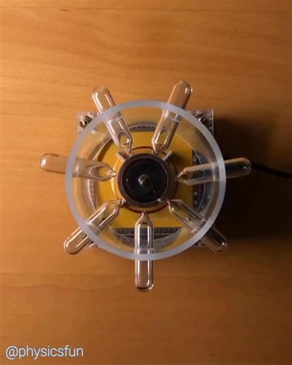 Emission Spectra Gas Samples: a favorite demonstration in my collection- where pure samples of hydrogen, nitrogen and five noble gasses are subjected to the high frequency pulsed field of a miniature Tesla coil. Each gas has a characteristic breakdown voltage and emission spectrum- note that Nitrogen has the highest breakdown voltage and begins to glow after the presence of my hand temporarily lowers the resistance to current flow for that tube. The color of each gas is due to a mix of the color