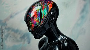 Exploring the unique blend of art and technology in a surreal humanoid figure with a kaleidoscopic reflective head