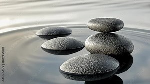 Smooth, gray stones rest on the surface of still water, creating a serene scene