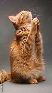 Pushing towards a cat praying against a gray background. 4k video in smart phone 9:16 aspect ratio for prayer meme.