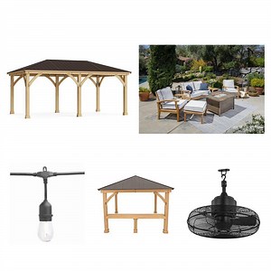 24-Light 48 ft. Edison String Light, 12 ft. x 20 ft. Meridian Gazebo Kit, 20 in. Conyer Fan, 12 ft. Bar - The Home Depot
