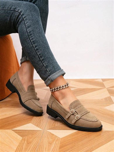 Women's Round Toe Buckle Flat Loafers, Thick Sole Comfortable Retro Casual Slip-On Shoes, Suitable For Spring And Autumn