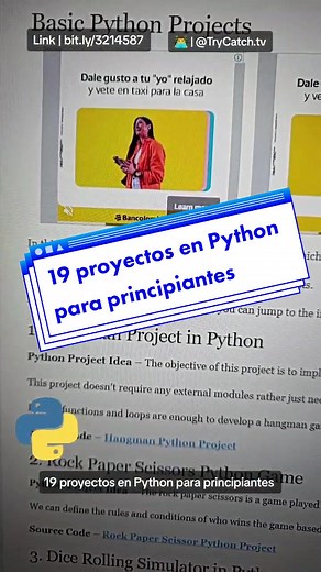 19 proyectos en Python para principiantes bit.ly/3214587 #trycatch #devtokers #python #proyectos #aprenderaprogramar