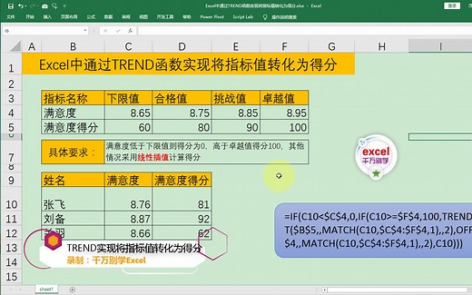 Excel中通过TREND函数实现将指标值转化为得分