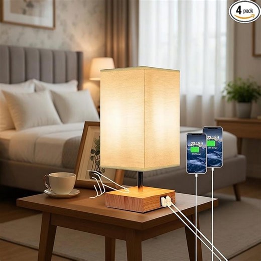 Touch Control Bedside Lamp with Dual USB Ports, Wood Grain Linen Nightstand Light