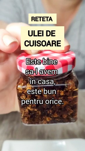 ULEIUL DE CUISOARE FACUT IN CASA Este foarte eficient pentru a trata durerea de dinti, durerea de urechi, respiratia urat mirositoare sau durerea în gat, în cazul pielii inflamate, iritatii, în cazul cosurilor, acnei, este foarte bun reparator a fisurilor anale, repara ridurile, impotriva îmbatranirii tenului, foarte bun digestiv. Este foarte bine sa-l avem în casa este bun pentru orice. Se prepara foarte simplu Se ia un recipient de sticla si se pune pana la jumatate cuisoare pe care se rup în