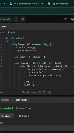 sk on Instagram: "Day-66 of DSA series 👾 Problem: Given a string s, return the longest palindromic substring in s. Example 1: Input: s = "babad" Output: "bab" Explanation: "aba" is also a valid answer. Solution: class Solution { public: string longestPalindrome(string s) { int n = s.size(); if (n == 0) return ""; int start = 0, maxLen = 1; auto expand = [&](int left, int right) { while (left >= 0 && right maxLen) { start = left; maxLen = right - left + 1; } left--; right++; } }; for (int i = 0;