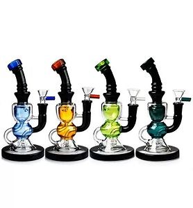 [Hot Item] 8 Inch Recycler Glass Hookah Black Matrix Perc Bubbler Heady DAB Rig