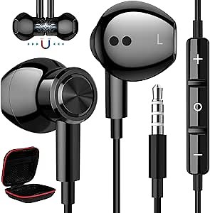 3.5mm Headphones Wired Earbuds with Microphone Noise Isolating Earphone Stereo Clear Magnetic Semi Plug in Ear Buds for Samsung A25 A15 A03s S10 A12 Note 9 for Moto/Switch/Kindle/MP3/School, Black