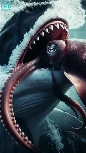DEEPEST TERROR! 🦈 AI Battle: MEGALODON vs. GIANT SQUID - Colossal Monster Fight in 16K! #aibattle