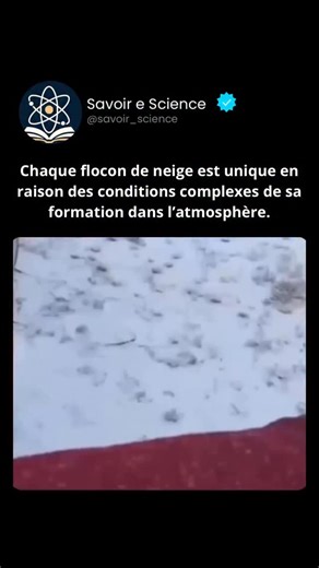 Savoir e science on Instagram: "C’est incroyable à quel point chaque flocon de neige est unique, même s’ils sont tous composés d’eau ! Les flocons de neige se forment lorsque la vapeur d’eau gèle autour de minuscules particules de poussière présentes dans l’air, créant une structure cristalline hexagonale. Cette forme est déterminée par la façon dont les molécules d’eau s’organisent en gelant. À mesure que le flocon grandit, il est influencé par les conditions atmosphériques environnantes, telle