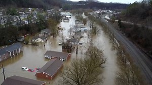 Here's an aerial look at what it's like in Richlands, Virginia. The Clinch River is well over its banks, which parallels the railroad tracks in this video. (📹: Billy Bowling) | WSLS 10 / WSLS.com