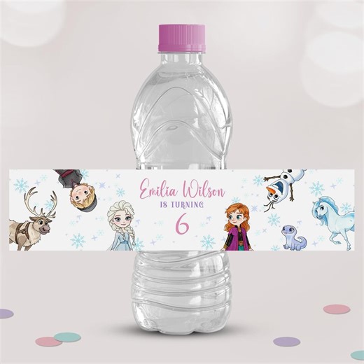 Frozen Birthday Party Water Bottle Label | Elsa Anna Olaf | Editable Canva Template, B660 - Etsy