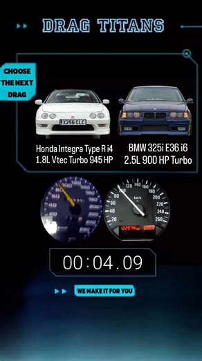 945 hp Honda Integra Type R i4 1.8L Vtec Turbo vs BMW 325i E36 i6 2.5L 900 HP Turbo