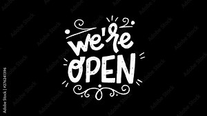 Animated sign We are Open with moving twirls and blinking scribbles. Motion graphic 4k with hand drawn inscription about opening. Footage with lettering phrase for welcoming on transparent background Stock Video