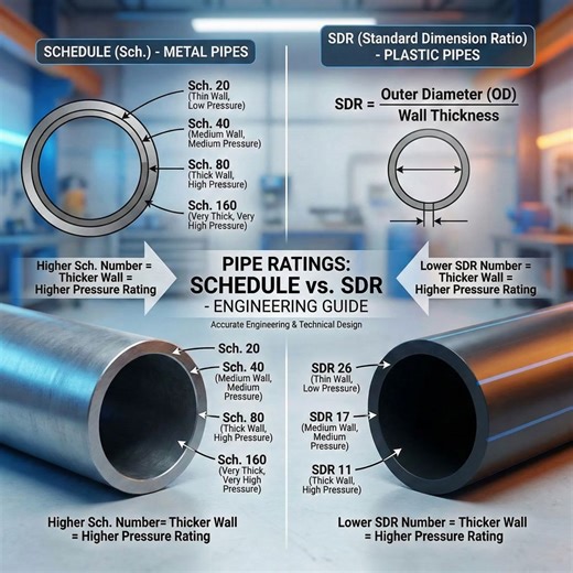 ☑️ #هل_تعلم الفرق بين الـ Schedule والـ SDR #في مواسير الـMEP؟ كتير #من المهندسين بيلخبطوا بين المصطلحين دول: مرة تسمع حد بيقولك "استخدم Schedule 40"، ومرة تانية "الماسورة دي SDR 11". طب إيه الفرق؟ 🤔 🔹 أولًا: الـ Schedule (Sch.) ده رقم بيعبر عن سُمك جدار الماسورة في المواسير المعدنية. 📌 كل ما الرقم يزيد ← الجدار أسمك ← يتحمل ضغط أكبر ← وزنه وسعره يعلى. ♦️ أشهر الأنواع: ✅ Sch. 20 ← خفيف ورفيع، يتحمل ضغوط بسيطة. ✅ Sch. 40 ← متوسط، مناسب لتطبيقات الضغط المتوسط. ✅ Sch. 80 ← سُمك أكبر، يتحمل ضغوط 