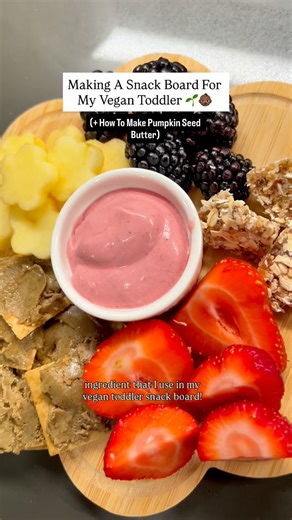 Making A Snack Board For My Vegan Toddler 🌱👶🏽 ( How To Make Pumpkin Seed Butter) Dont make snack time complicated if your child is plant based or vegan! I had already made the pumpkin seed butter prior to making the board so it only took my like 5-10 minutes to put it altogether. The convenience in this lifestyle is prepping ahead of time! The beetroot dip recipe is on page 58!🤗 Pumpkin seeds are great for iron, magnesium, zinc, boosts immunity, lowers cholesterol, and a healthy fat for your