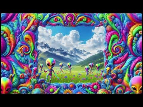 Psychedelic Window with Aliens Dancing in a Meadow Wallpaper / Background