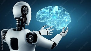 AI hominoid robot holding virtual hologram screen showing concept of AI brain and artificial intelligence thinking by machine learning process. 3D rendering. Stock Video