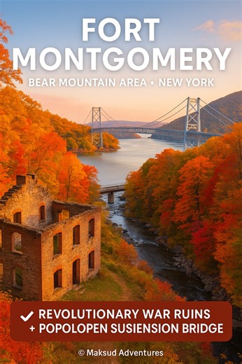 📌 Details in caption — scroll down! 📍 Fort Montgomery – Bear Mountain Area, New York ✔️ A Revolutionary War fort with breathtaking views of the Hudson River and Bear Mountain Bridge 🌉 ✔️ Stroll through historic ruins surrounded by vibrant fall foliage 🍂 ✔️ Cross the Popolopen Suspension Bridge — a hidden gem connecting history and nature 🥾 💰 Entry: Free | 🕒 Open: Sunrise to sunset 🚗 Parking: Fort Montgomery Visitor Center lot (gate locks at 5 PM — arrive early!) 🚗 Distance from NYC: ~1 