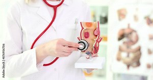 Doctor puts stethoscope to realistic model of human rectum. Professional specialist in lab coat checks condition of rectal part of body slow motion