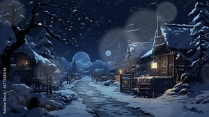 Winter Cabin Scene: Snowy Path with Lanterns. 4K Animated Looping Video Background.