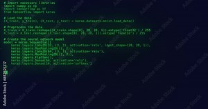 3D animation showing lines of code being typed on the screen. The code is related to setting up and training a neural network model using TensorFlow and Keras libraries. The text appears line by line