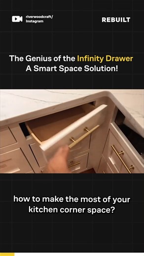 Rebuilt on Instagram: "Corners in kitchens often become wasted space, but the Infinity Drawer changes that! Designed with a rotating or pull-out system, this smart storage solution ensures every inch of space is fully utilized. No more bending or struggling to reach deep into cabinets—just effortless access and better organization with a sleek, modern touch. Perfect for those who love efficiency in their kitchen design! 🎥 @riverwoodcraft"