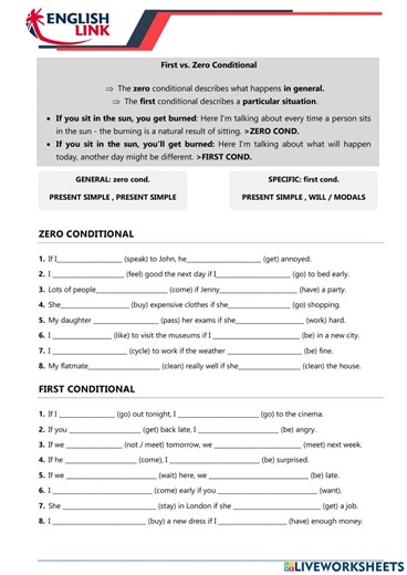 Zero and First conditionals interactive worksheet for pre-intermediate