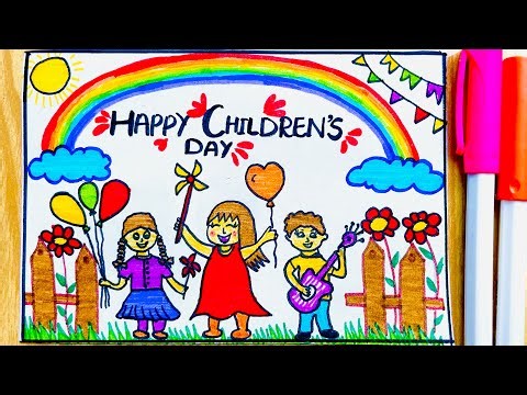 Happy Children’s Day Drawing Easy | Children’s Day Poster Drawing for Kids | Rainbow & Balloons Art